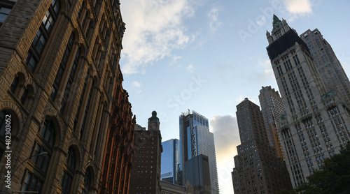 Architecture of Manhattan. Skyscrapers office buildings from New York with impressive details. Landmarks of America. Wide angle view. © Dragoș Asaftei