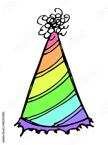 Hand drawn colorful party hat illustration isolated on a white background. Birthday cap doodle. Holiday clip art.