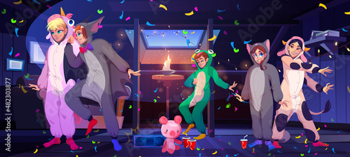 People dance on pajama party on house attic. Vector cartoon illustration of slumber party on mansard with characters in kigurumi, funny pyjamas of unicorn, frog and cow