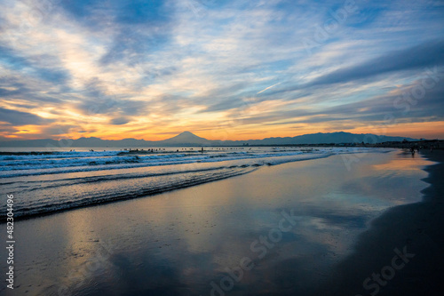 A sunset view of Kugenuma Beach in Fujisawa  Kanagawa. 