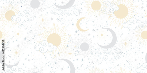 Seamless gentle celestial pattern with sun and blue moon, vector ornament on a white background for astrology, tarot, fabric, wrapping paper. Beautiful ornate space background.
