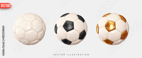 Soccer ball. Football balls Set realistic 3d design style. Leather texture golden and white black color. Mockup of sports elements isolated on white background. vector illustration