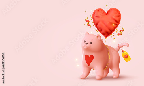 Pink Cat with red heart shaped balloon, gold glitter confetti realistic in 3d style. Romantic background for Valentines day, happy wedding, birthday. Banner space for text. vector illustration