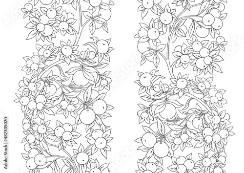 Apples on branches Seamless pattern, background. Outline Vector illustration.