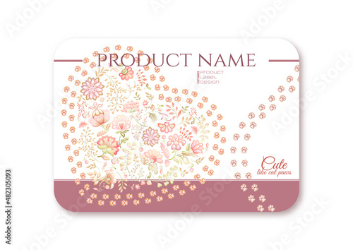 Cute fantasy flowers with cat paw prints. Animal and floral motif. Millefleurs trendy floral design. Template for product label, cosmetic packaging. Easy to edit. Vector illustration. Gradients colors