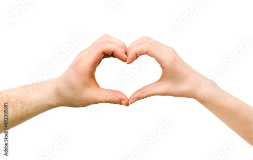 male and female hand making heart sign with hands isolated white background