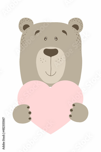 Cute cartoon bear grizzly animal holds a heart sign with copy space. set valentine's day greeting card banner invitation flyer brochure. cartoon hand drawn style. Little animals pets in love