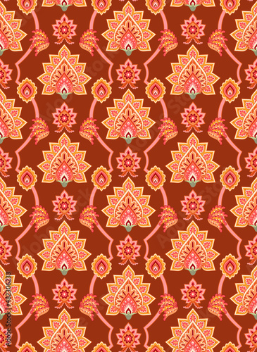 インド風抽象模様　背景・シームレスパターン（オレンジ系）