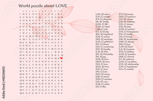 Valentines day word puzzle crossword - find the listed words about love in the brain work puzzle. attentiveness test, riddle game in English. words are located forward and down