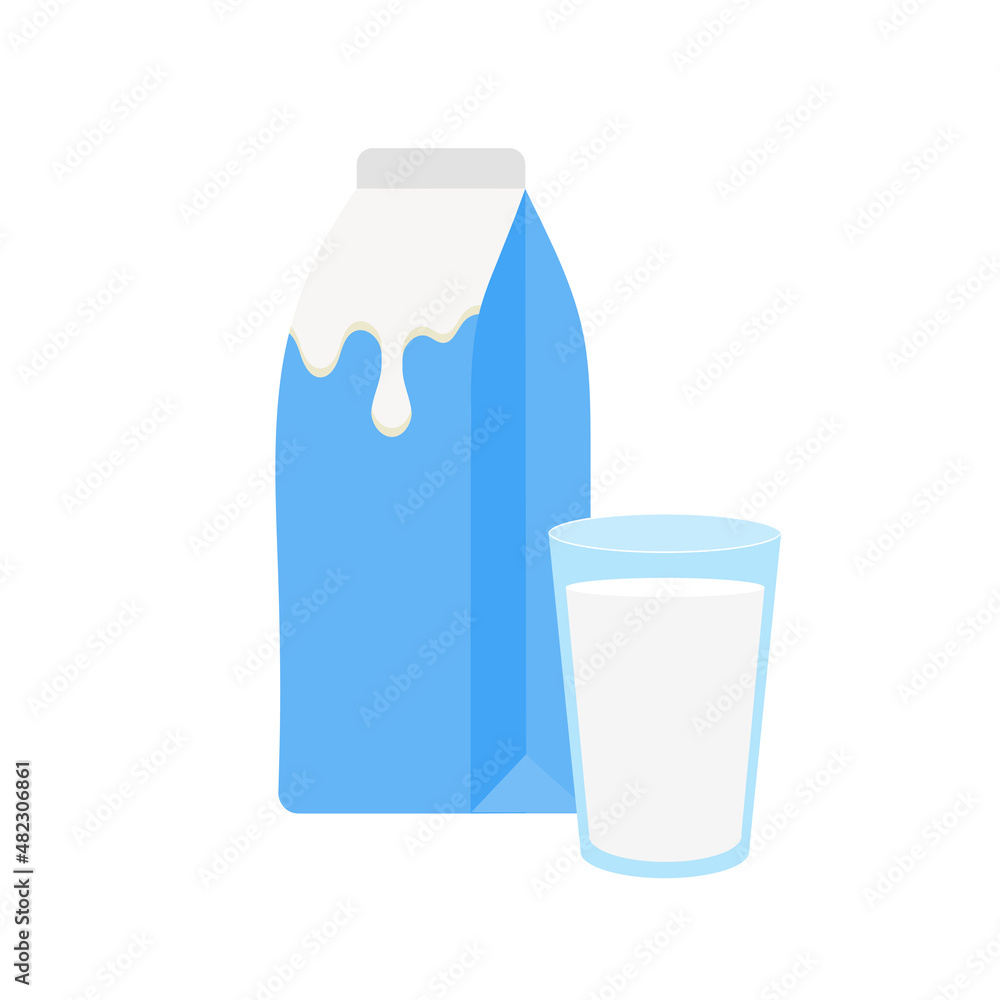 milk packing, glass of milk on white,dairy products background. Icon,Vector,illustration cartoon style.