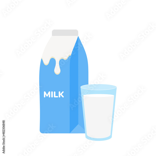 milk packing, glass of milk on white,dairy products background. Icon,Vector,illustration cartoon style.