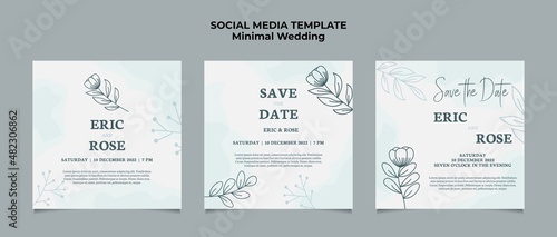 Minimal Wedding Invitation social media post template with floral frame line art hand drawn leaf and flower