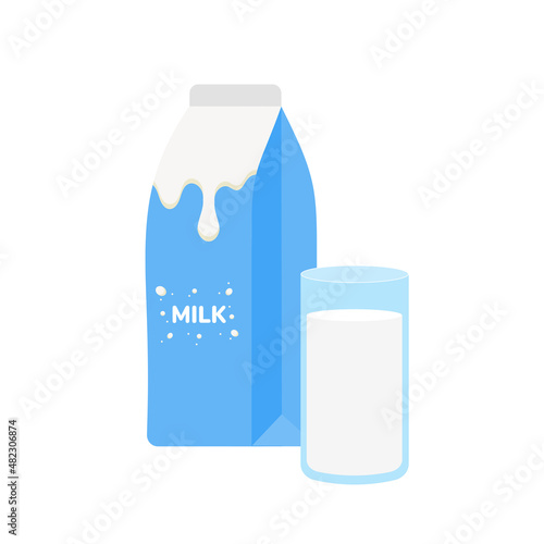 milk packing, glass of milk on white,dairy products background. Icon,Vector,illustration cartoon style.