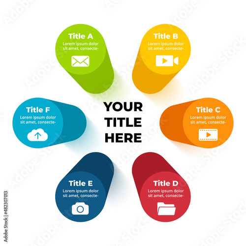 3D Vector Perspective Infographic. Presentation slide template. 6 step options pillar chart. Circle cylinder diagram concept.