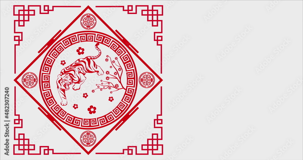 Happy Chinese New Year 2022, Year of the Tiger Celebration Greeting with Oriental ornamental elements. Happy New Year and wishing Prosperity.