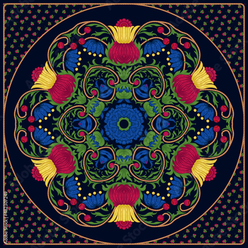 Fantasy flowers in retro, vintage, embroidery style. The design is suitable for shawl, blanket, pillow, pillowcase, napkin, cover or postcard. Vector illustration. 