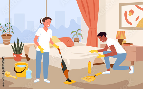 Cleaning service, complex cleanup and housework by team of professional workers vector illustration. Cartoon maid holding vacuum cleaner, man and woman in gloves clean floor of bedroom background