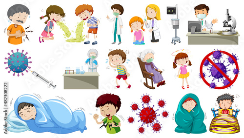 Set of sick people with different symptoms