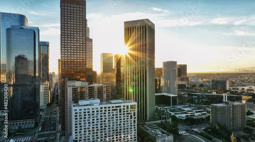Los Angeles downtown skyline. California theme with LA background. Los angels city, downtown top aerial view with drone.