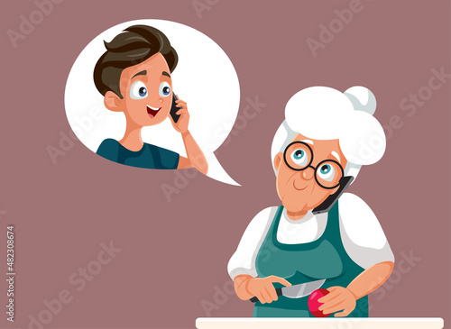 Grandmother Talking on the Phone with Her Grandson Vector Illustration
