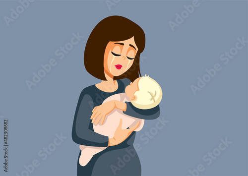 Young Mother Crying Holding Her Baby Vector Illustration