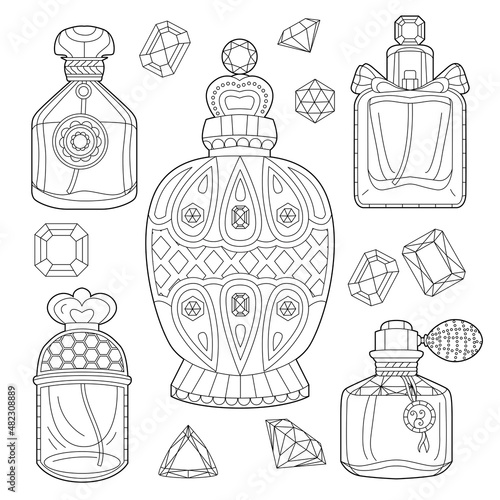 Different sorts of perfume. Monochrome bottles with fragrance isolated on white background. Coloring book style for children and adults
