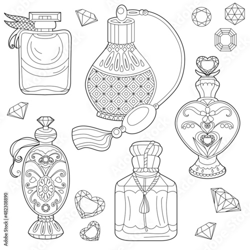 Different sorts of perfume. Monochrome bottles with fragrance isolated on white background. Coloring book style for children and adults