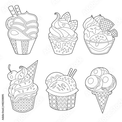 Different sorts of ice cream. Monochrome deserts isolated on white background. Coloring book style for children and adults