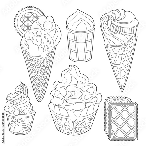Different sorts of ice cream. Monochrome deserts isolated on white background. Coloring book style for children and adults