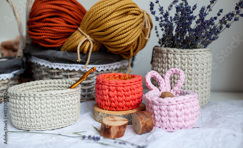 crochet baskets for the home of cord and knitted yarn