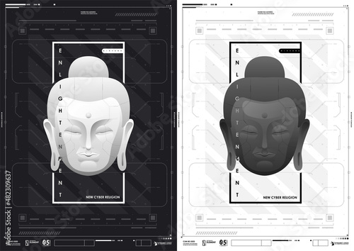 Buddha face. Cyberpunk futuristic poster. Tech Abstract poster template with HUD elements.