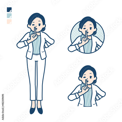 ビューティーアドバイザー女性が指でシーとしているイラスト