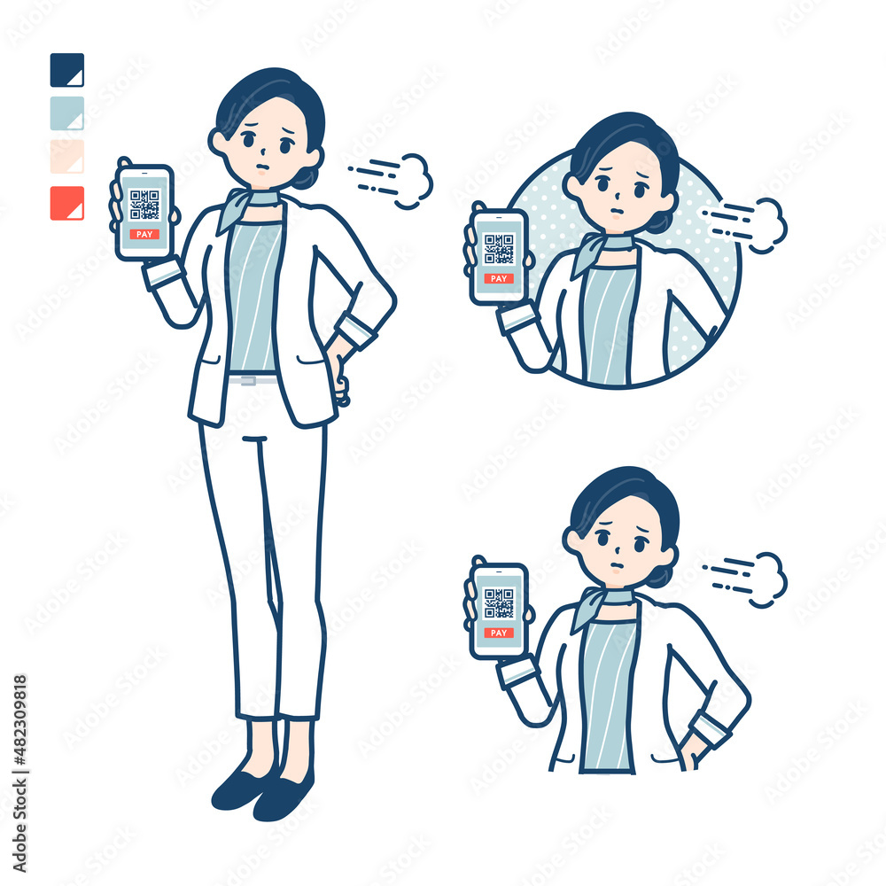 ビューティーアドバイザー女性が困った顔でスマートフォンでキャッシュレス決済しているイラスト