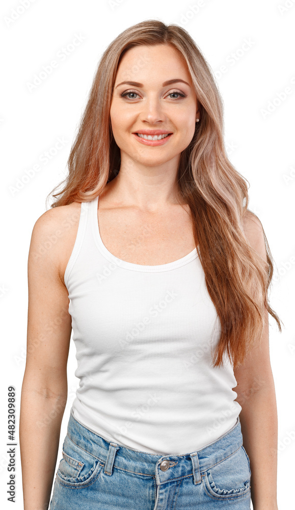 Portrait of young beautiful girl smiling looking at camera over white background Portrait of young beautiful girl smiling looking at camera over white background