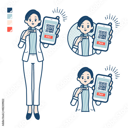 ビューティーアドバイザー女性がスマートフォンでキャッシュレス決済しているイラスト