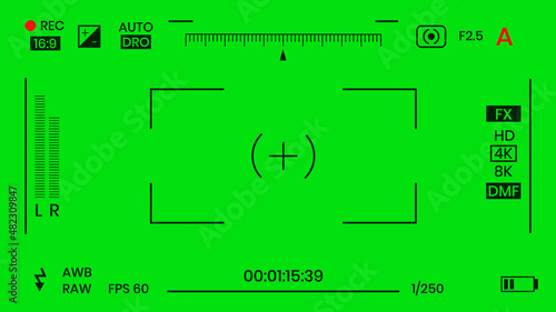 Green colored chroma key camera rec frame viewfinder overlay background screen flat style design vector illustration. Chroma key VFX screen camera overlay abstract background concept for video footage