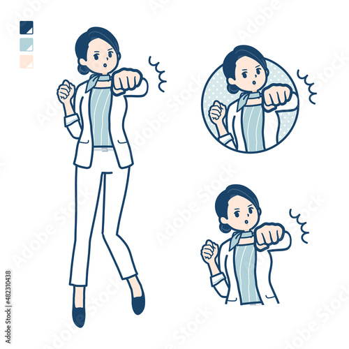 ビューティーアドバイザー女性が正面にパンチしているイラスト