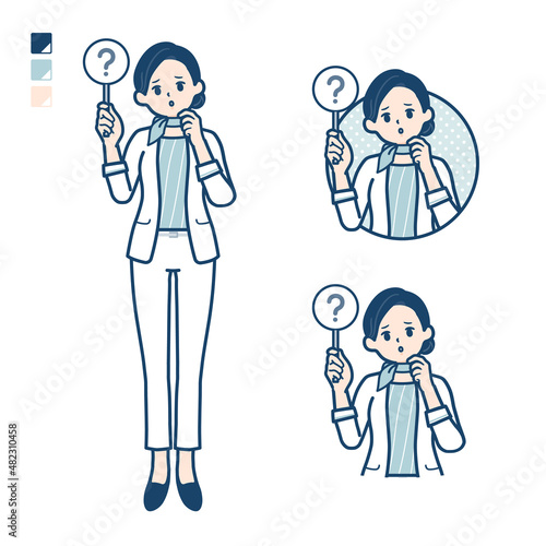 ビューティーアドバイザー女性がクエスチョン印パネルを出すイラスト