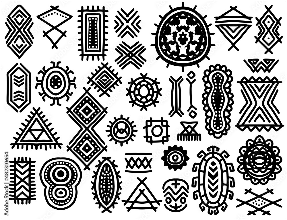 ethnic tribal hand drawn elements set in black white style. Abstract african  art shapes collection, tribal doodle decoration set. Random ethnic shapes,  animal print texture and traditional hand drawn Stock Vector |