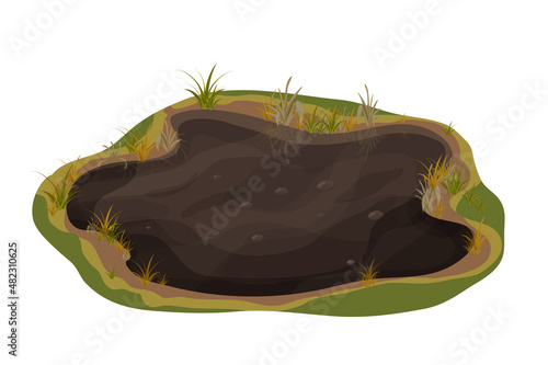 Dirty mud puddle, swamp with stone, grass in cartoon style isolated on white background. Natural wet soil, forest pond, lake clip art. 