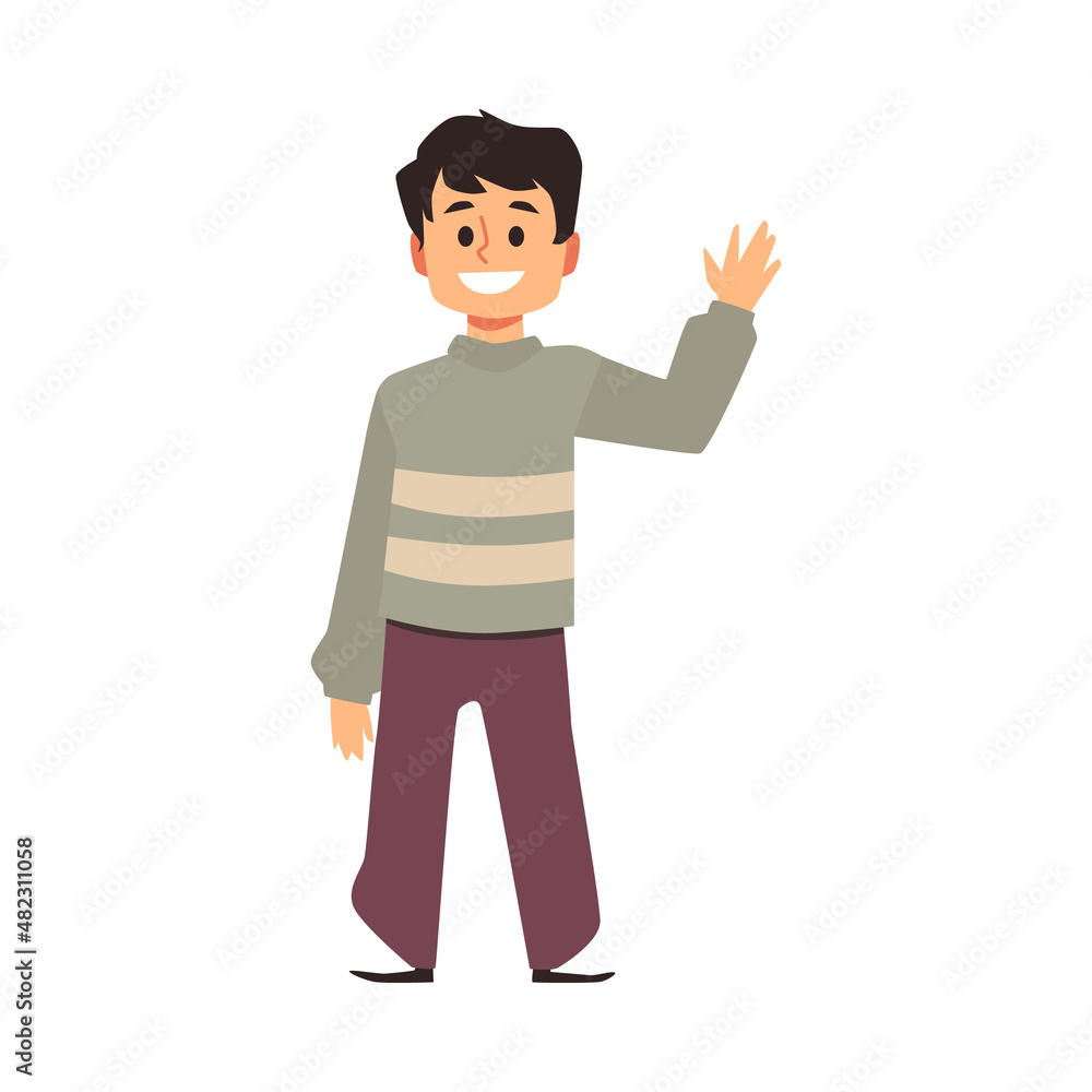Kid waves to his friends in greeting, student or schoolboy raised his hand Kid waves to his friends in greeting, student or schoolboy raised his hand