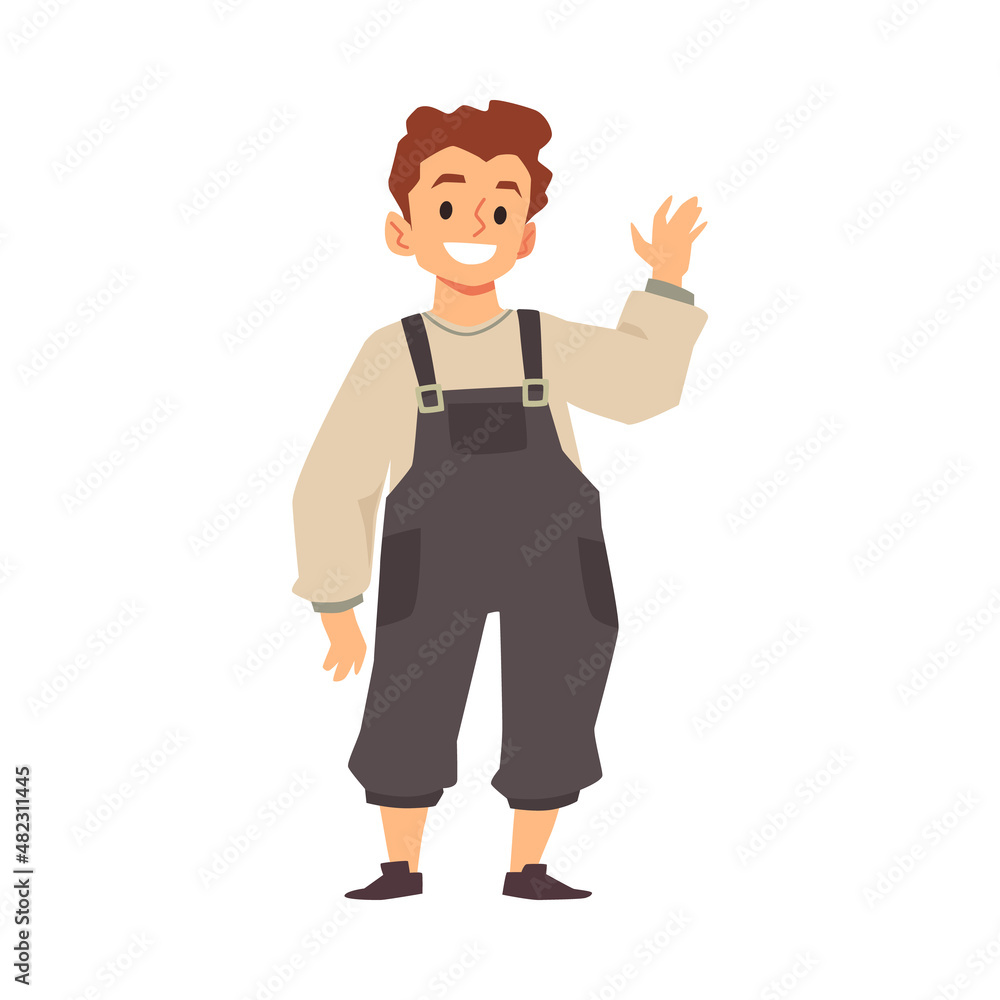 Kid waves his family in sign of greeting or goodbye in flat vector illustration
