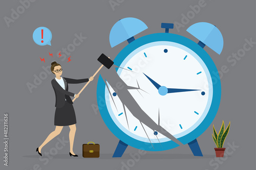 Employee or business woman smashes big alarm clock using hammer. Burnout at work. Business stress, deadline. Dissatisfaction with work. Bad time management. Last call, final countdown.