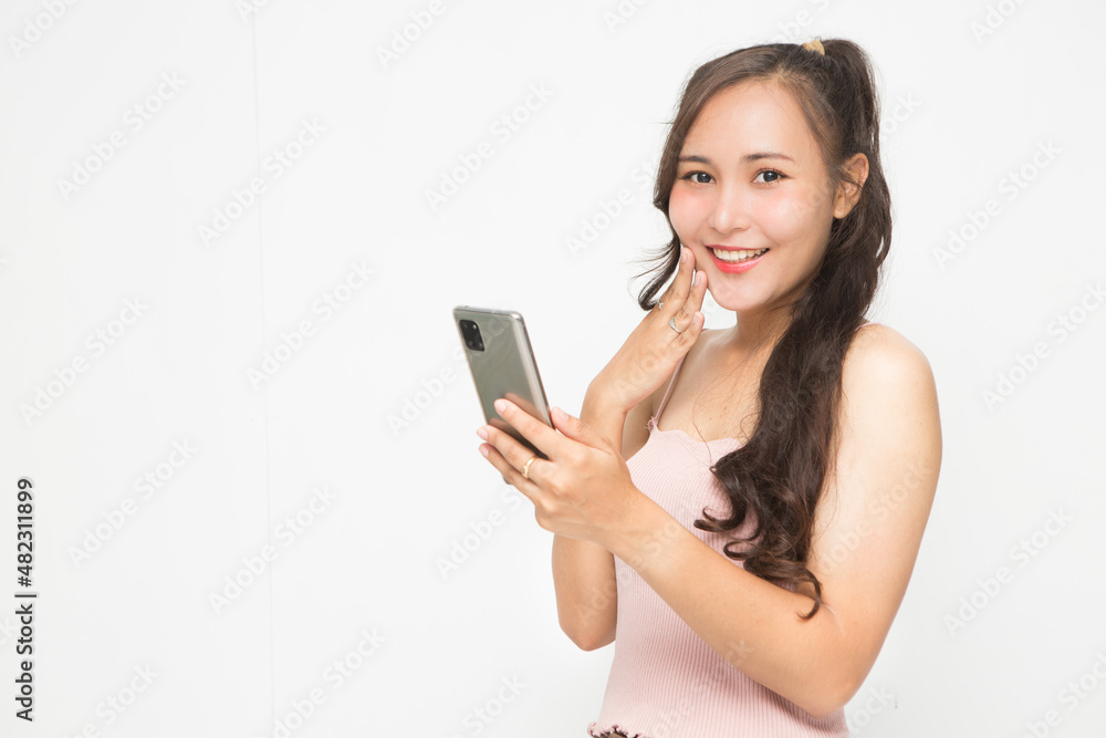 Cute Asian woman smiling and cheerful and chatting about something for social media concept Cute Asian woman smiling and cheerful and chatting about something for social media concept