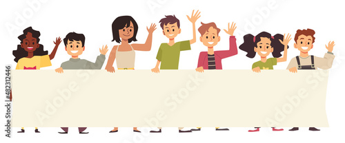 Kids hold blank banner or poster, waving hand, greeting gesture in flat vector