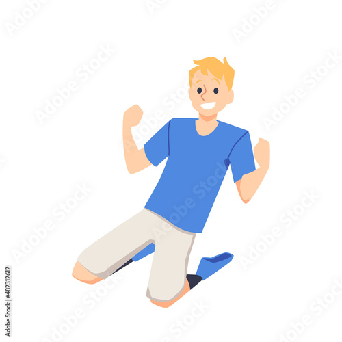 Happy soccer player white character kneeling after his team win. Kneeled football player is glad his team is a champion.