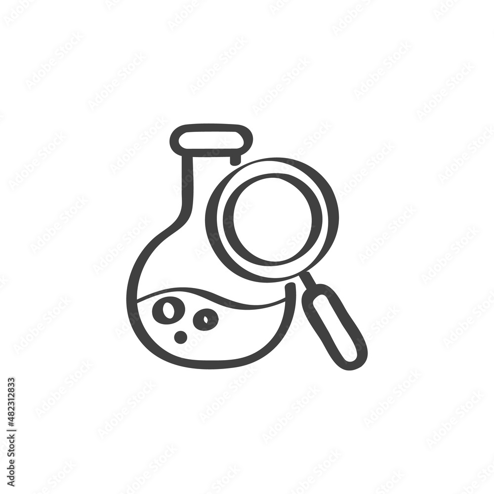 Lab flask and magnifier line icon Lab flask and magnifier line icon