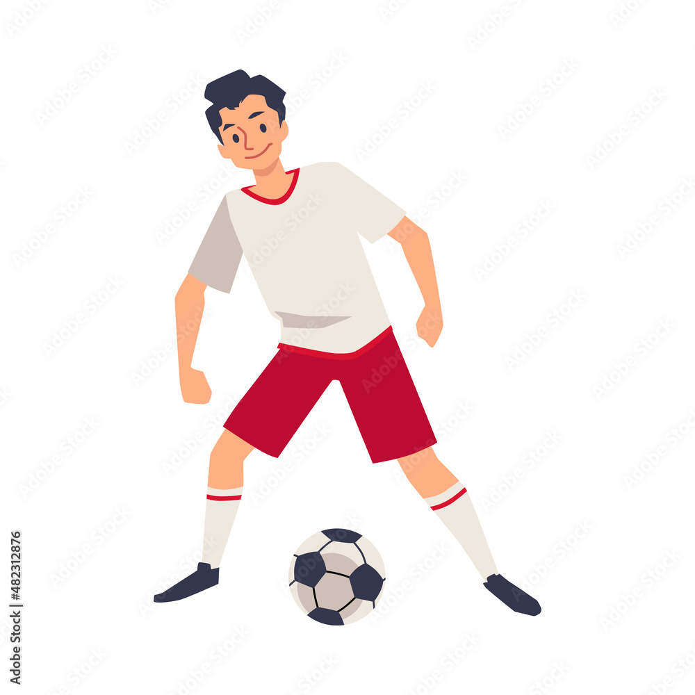 Soccer player dribbles or passes ball in team game, teen sportsman is training