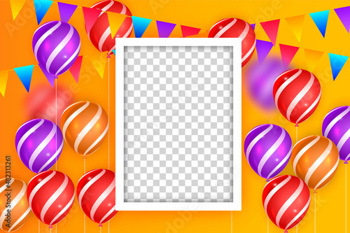 Canvas Print Beautiful happy birthday card with balloons and photo frame