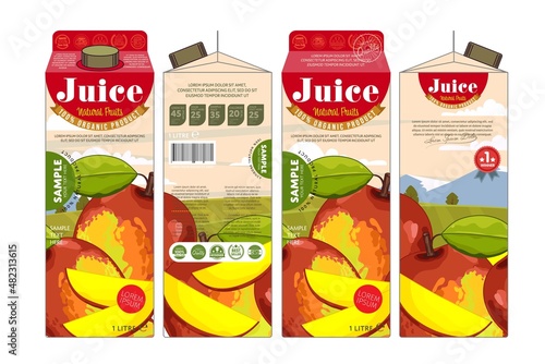 Organic healthy fruit juice mockup. Cardboard peach drink product pack template